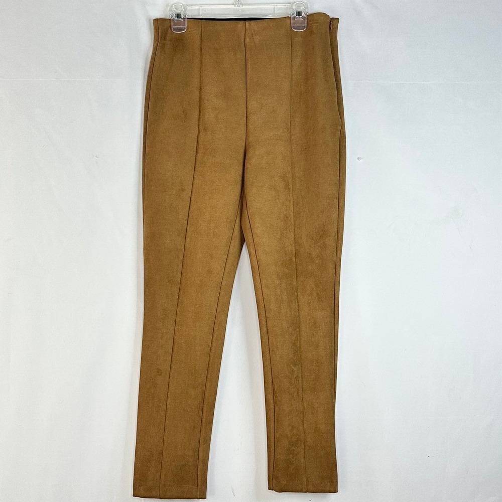 Gibson Latimer Women Large Stretch Pants Camel Faux Suede Front Seam Boho Chic